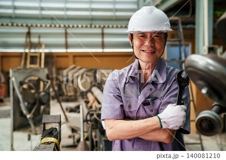 Portrait of smiling male engineer with industrial tool 140081210