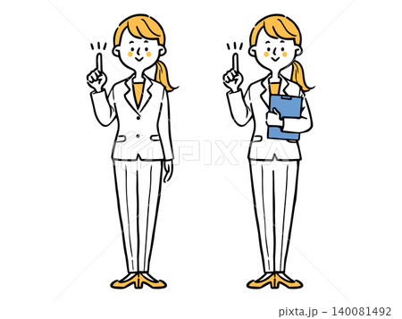 ポイントを説明する女性会社員2 全身 ベクター(オレンジ) ポイントを説明する女性会社員2 全身 ベクター(オレンジ) 140081492