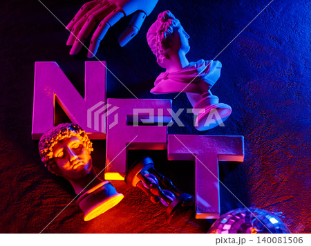 NFT letters with classical sculpture busts illuminated by vibrant neon gradient lighting NFT letters with classical sculpture busts illuminated by vibrant neon gradient lighting 140081506
