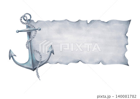 Watercolor nautical frame with an anchor and rope in a vintage style. Sheet of paper with space for text. Hand drawn illustration with a scroll for cards, invitations, posters, nautical design. 140081782