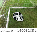Deflated soccer ball on green grass field near the goal post, failure or missed opportunity concept 140081851