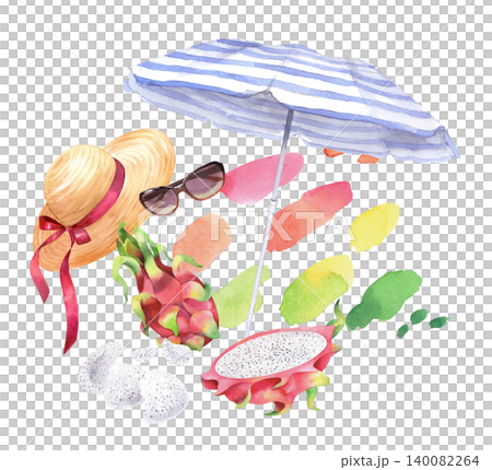 Composition of the beach umbrella, pitahaya, straw hat with ribbon, sunglasses and watercolor spots. Watercolor illustration for design, cards, cover, prints, product labels and fabric Composition of the beach umbrella, pitahaya, straw hat with ribbon, sunglasses and watercolor spots. Watercolor illustration for design, cards, cover, prints, product labels and fabric 140082264