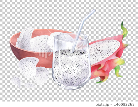 Composition of the pitahaya, bowl with the pulp of pitahays and glass with the pitahaya smoothie and glass straw. Watercolor illustration for design, cards, cover, prints, product labels and fabric Composition of the pitahaya, bowl with the pulp of pitahays and glass with the pitahaya smoothie and glass straw. Watercolor illustration for design, cards, cover, prints, product labels and fabric 140082265