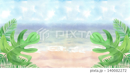 Horisontal seascape with the palm and monstera leaves. Watercolor illustration. Handmade art work. For packaging design, cards, cover, prints, product labels and fabric Horisontal seascape with the palm and monstera leaves. Watercolor illustration. Handmade art work. For packaging design, cards, cover, prints, product labels and fabric 140082272