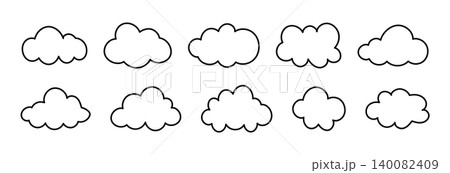 Outline clouds. Doodle fluffy clouds. Puffy, cumulus clouds mockup. Cloudy forms in black thin contour. Weather element flat template. Set of objects cloudscape. Hand drawn simple cute icon layout. Outline clouds. Doodle fluffy clouds. Puffy, cumulus clouds mockup. Cloudy forms in black thin contour. Weather element flat template. Set of objects cloudscape. Hand drawn simple cute icon layout. 140082409