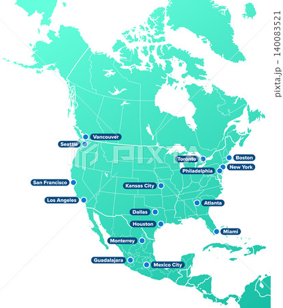 North America, soccer cities, turquoise political map, with sixteen football cities in Canada, Mexico and the United States, and international country borders. Isolated illustration over white. Vector 140083521