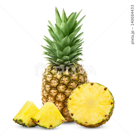 Ripe pineapples and pineapple fresh slices isolated on white. Juicy pineapple and slice of pineapple with clipping path. Ripe pineapples and pineapple fresh slices isolated on white. Juicy pineapple and slice of pineapple with clipping path. 140084433