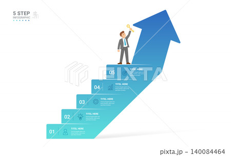 Infographic Staircase Step Business Growth timeline with 5 Step Arrow Process and Concepts for Success Diagram Background 140084464