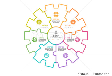7 Step Gear Puzzle Business Infographic Template, Circular Process Flow Diagram with Icons 140084467