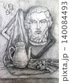 Head, teapot and frame. Household still life made in pencil in the academic style. 140084493