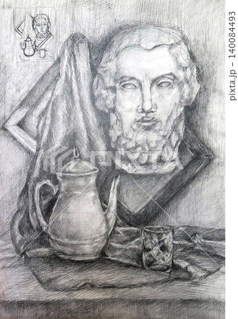 Head, teapot and frame. Household still life made in pencil in the academic style. Head, teapot and frame. Household still life made in pencil in the academic style. 140084493