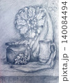 Pot, plaster flower, draping, teapot. Household still life made in pencil in the academic style. 140084494