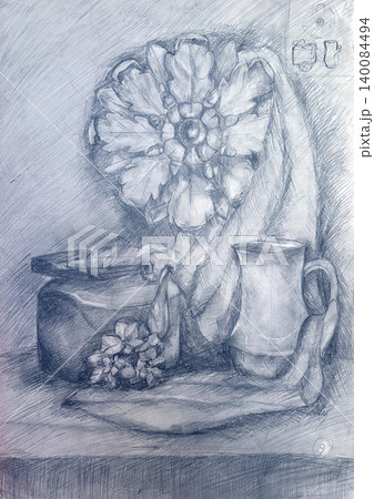 Pot, plaster flower, draping, teapot. Household still life made in pencil in the academic style. 140084494