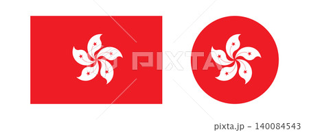 Hong Kong flag badge, button. Regional Flag of Hong Kong icon, sticker in rectangle, circle shape set. Civil, state flag, ensign of Hong Kong. Orchid tree white flower on Chinese red field. Hong Kong flag badge, button. Regional Flag of Hong Kong icon, sticker in rectangle, circle shape set. Civil, state flag, ensign of Hong Kong. Orchid tree white flower on Chinese red field. 140084543