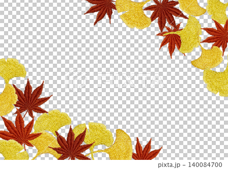 【紅葉とイチョウの横フレーム】手刺繍イラスト素材 【紅葉とイチョウの横フレーム】手刺繍イラスト素材 140084700