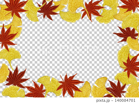 【紅葉とイチョウの横フレーム】手刺繍イラスト素材 【紅葉とイチョウの横フレーム】手刺繍イラスト素材 140084701