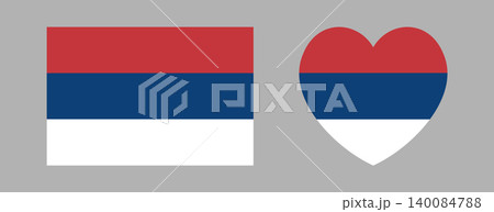 Serbia civil flag rectangular, heart icon, sticker. Flag of Serbia ensign button, badge. Set of rectangle, heart Serbia flag banner, background. 140084788