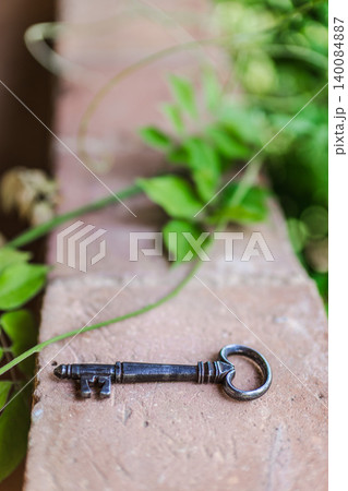 Antique skeleton key on brick ledge with green climbing plant and generous 140084887