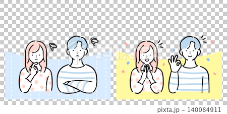 A set of illustrations of young men and women, depicting joy and worries, before and after comparisons, with backgrounds, and a simple design. 140084911