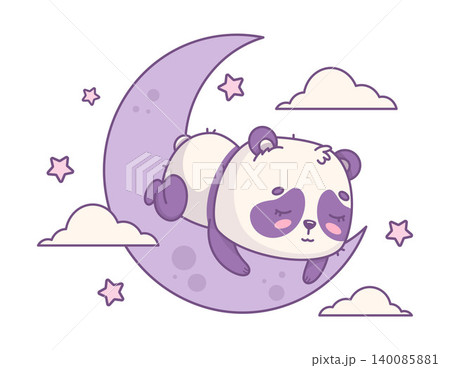 Cozy vibes. Panda Bear Sleeping On Crescent Moon With Clouds And Stars. Cute Kawaii Cartoon little Animal Character. Vector Illustration Of Magical Dreamy Night. 140085881