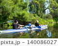 Family paddling the Vuoksa kayak in nature, active summer water trip together, shared teamwork and adventure tourism. 140086027