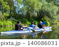 Family in the Vuoksa kayak paddling a summer river route, teamwork, outdoor recreation with child and fun nature tourism. 140086031