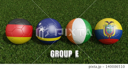 soccer balls in flags colors on soccer field .  3d rendering of group E 140086510