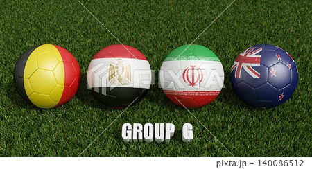 soccer balls in flags colors on soccer field .  3d rendering of group G 140086512