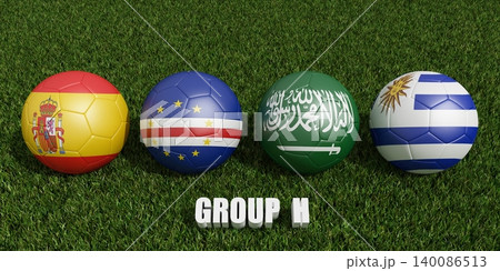 soccer balls in flags colors on soccer field .  3d rendering of group H 140086513
