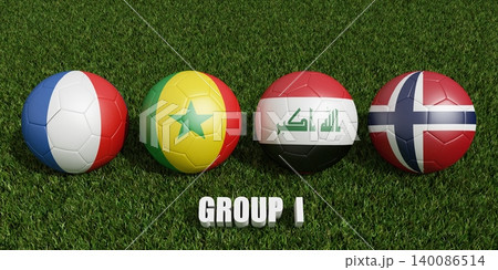 soccer balls in flags colors on soccer field . 3d rendering of group I soccer balls in flags colors on soccer field . 3d rendering of group I 140086514