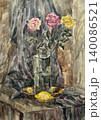 Still life with a vase,  plate, and fruits. Watercolor. Watercolor painting on paper. Still life with a jug. 140086521