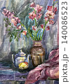 Still life with a vase,  plate, and fruits. Watercolor. Watercolor painting on paper. Still life with a jug. 140086523