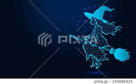 Low poly wireframe witch flying on broomstick on dark blue background. 140086825