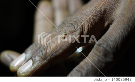 Tiny insect on a human finger dramatic macro shot Tiny insect on a human finger dramatic macro shot 140086948