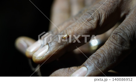 Macro view of a tiny glowing insect on a persons hand 140086952