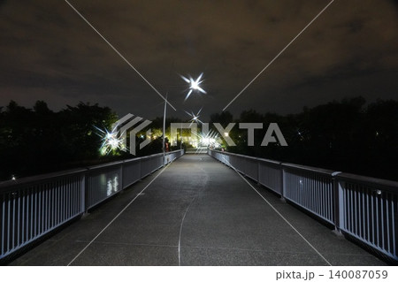 Nighttime Bridge View With Trees and Starburst Lights 140087059