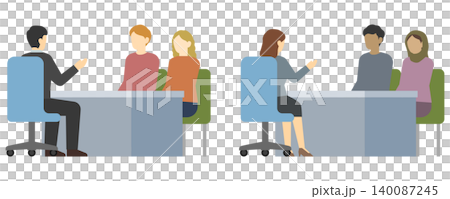 Flat illustration: A man and woman in suits explaining something across a table, and a foreign couple. 140087245