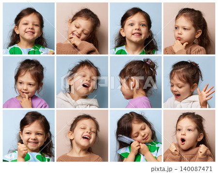 cute little child girl showing a range of feelings from happiness to annoyance in a facial expression cute little child girl showing a range of feelings from happiness to annoyance in a facial expression 140087471