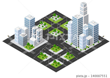 Modern isometric city with skyscrapers, roads, and green parks Modern isometric city with skyscrapers, roads, and green parks 140087551
