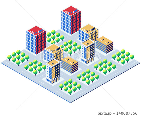 Modern isometric city center with skyscrapers and green parks 140087556