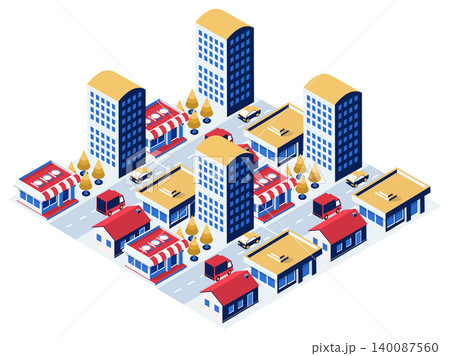 Isometric city with skyscrapers, shops, houses and delivery vans driving Isometric city with skyscrapers, shops, houses and delivery vans driving 140087560
