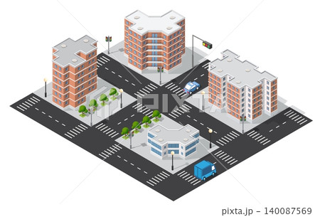 Urban intersection with modern buildings and vehicles 140087569