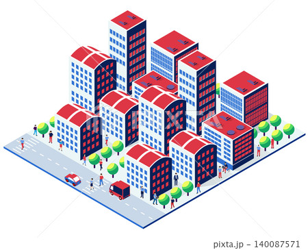 Modern isometric city center with people walking and driving 140087571