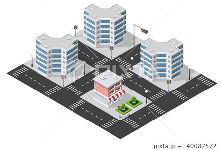 Isometric cityscape with skyscrapers and small shop surrounding intersection Isometric cityscape with skyscrapers and small shop surrounding intersection 140087572