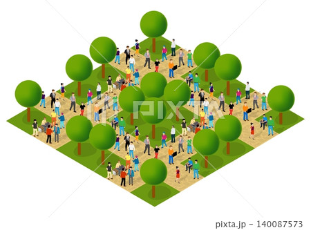 Diverse crowd gathering in urban park setting 140087573