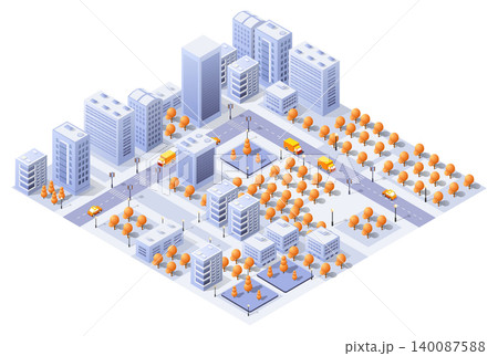 Modern isometric city with autumn trees and moving vehicles 140087588