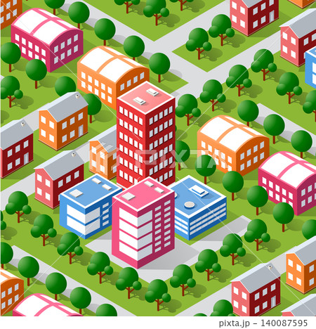 Colorful isometric cityscape with buildings and trees 140087595