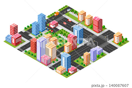 Colorful isometric city center with skyscrapers and traffic 140087607