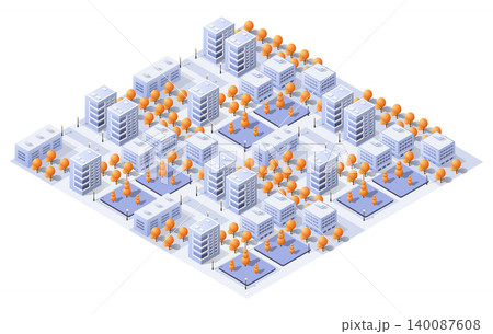 Modern isometric city with orange trees and buildings during autumn 140087608