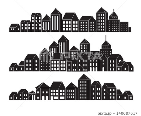Minimal Black City Skyline Silhouette Set With Urban Buildings and Row Houses Minimal Black City Skyline Silhouette Set With Urban Buildings and Row Houses 140087617
